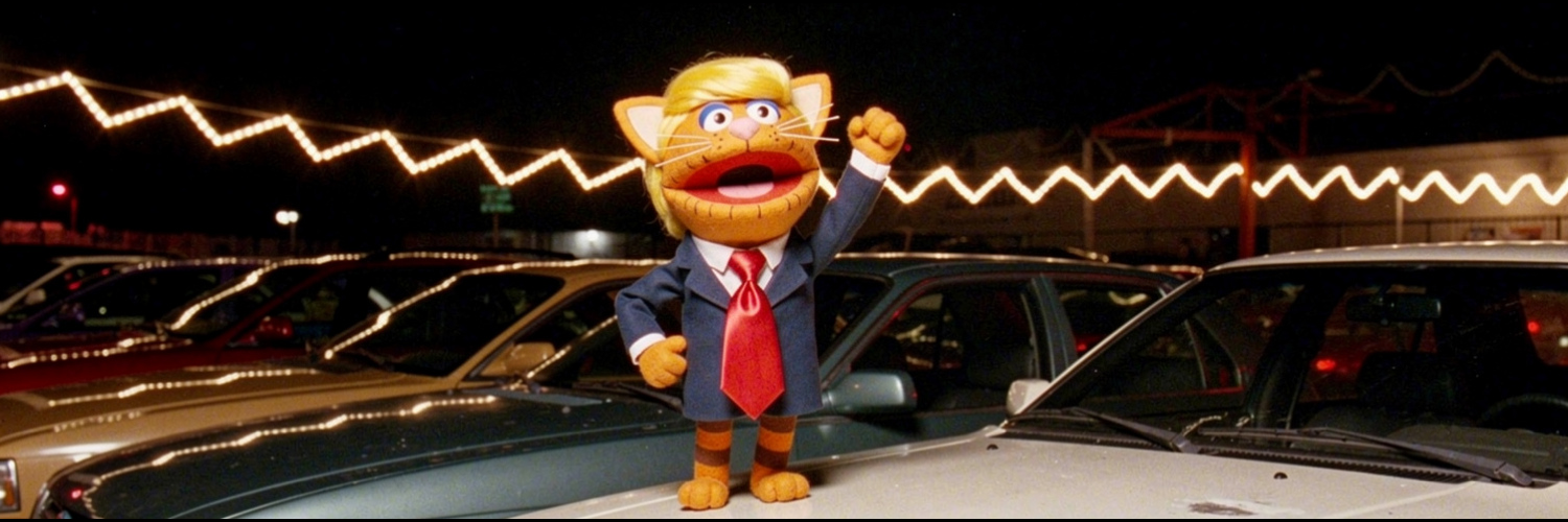 Winning Cat, a felt puppet cat with a fist raised in victory